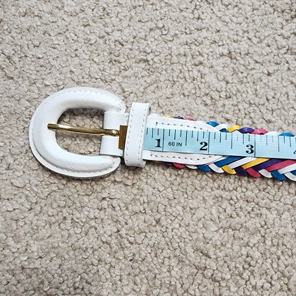 Womens Vintage Y2K Rainbow Braided Leather Belt Size L White Buckle Colorful 90s